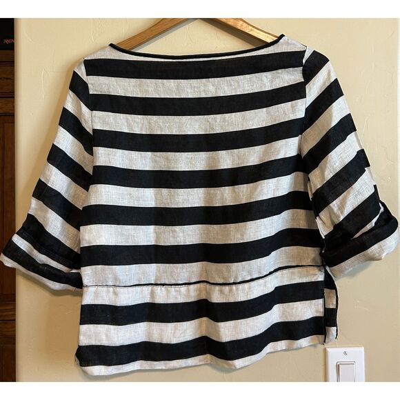Zara Striped 100% Linen Top Black White Striped Top Gold Button Accent US/S EU/S - Picture 2 of 7